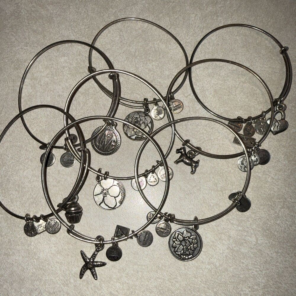 Alex and Ani Silver Tone Charm Bangle Bracelet Lot (8) Mixed Designs